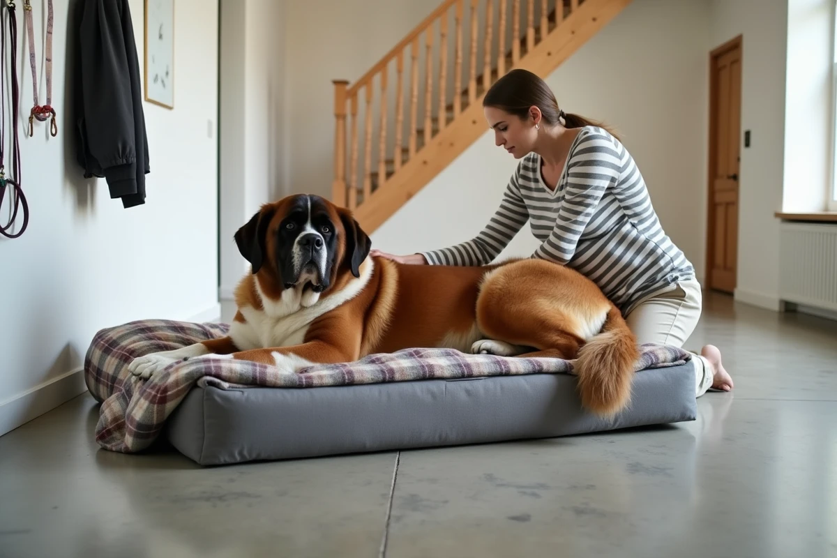 Saint-Bernard géant allongé sur un grand lit orthopédique dans un couloir spacieux aménagé pour accueillir un grand chien