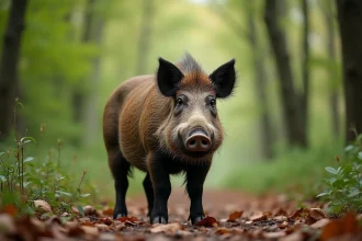 Sanglier sauvage dans la forêt verte dense
