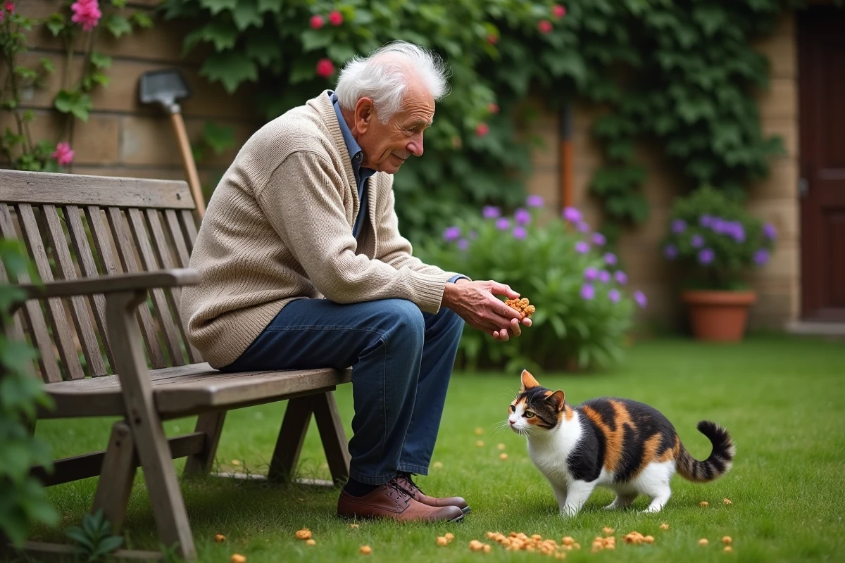 Homme âgé donne des friandises à son chat dans le jardin