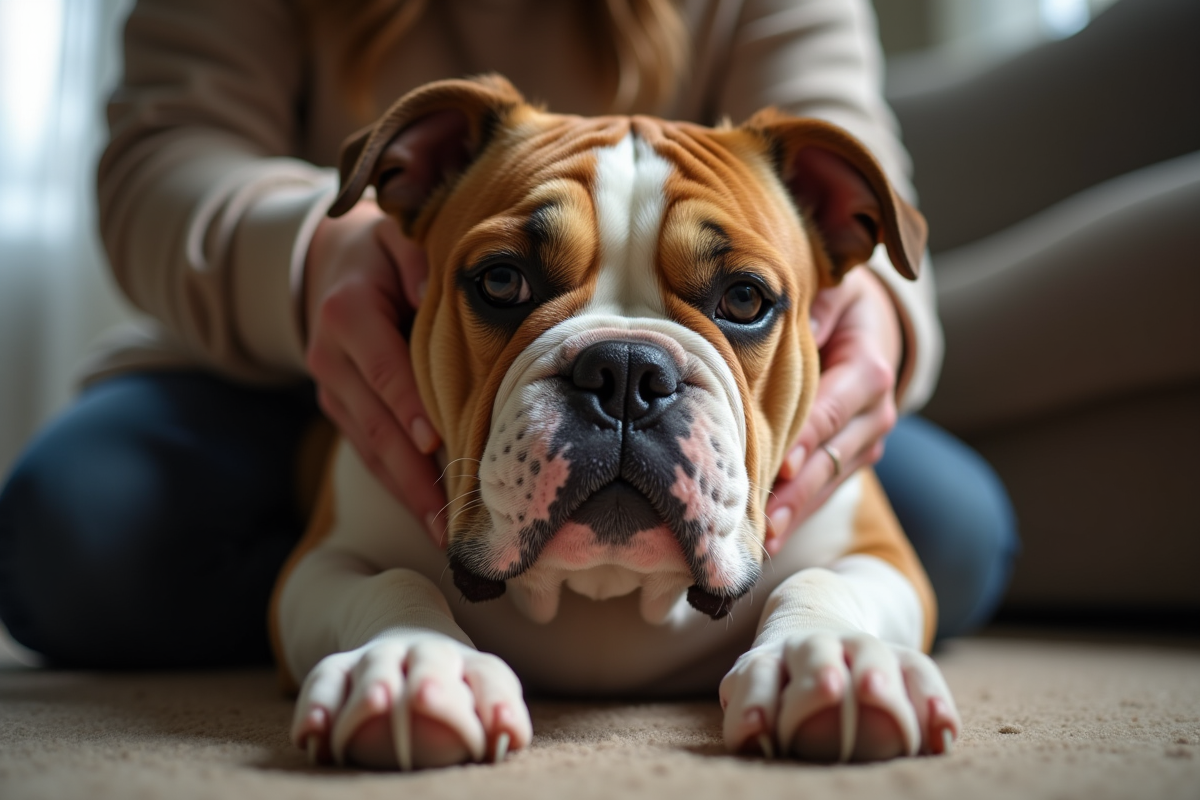 Propriétaire examinant un American Bulldog à l