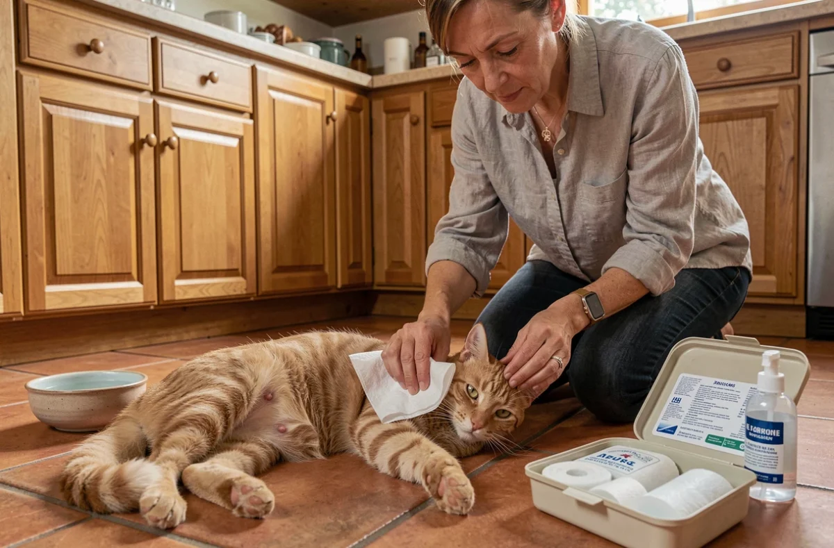 Femme appliquant une compresse chaude sur l'abcès d'un chat roux à domicile dans une cuisine