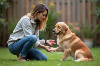 Femme appliquant antiseptique sur un chien dans le jardin