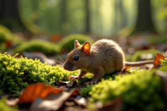 Petite souris troglodyte dans la forêt verte lumineuse