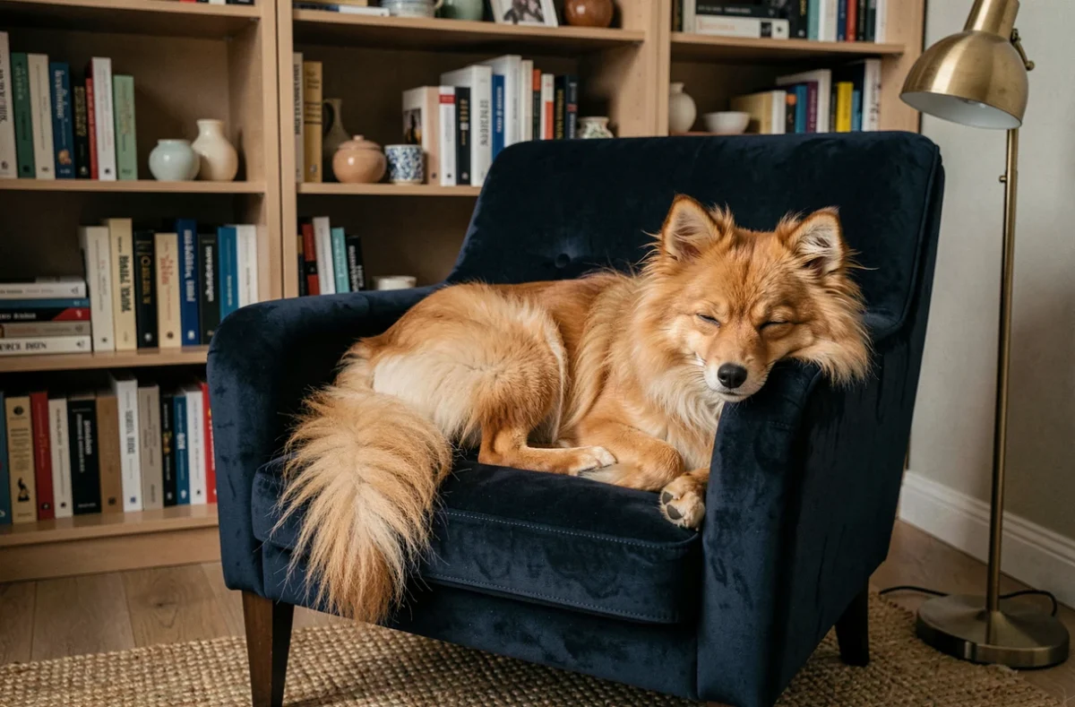 Spitz sable et orange allongé sur un fauteuil en velours marine dans un coin lecture cosy décoré de livres et objets