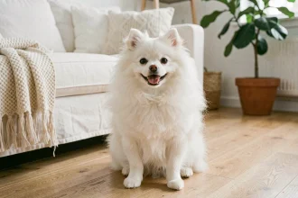Spitz nain blanc aux poils bouffants assis sur un parquet en chêne dans un appartement scandinave au décor épuré