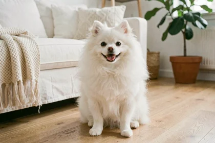 Spitz nain blanc aux poils bouffants assis sur un parquet en chêne dans un appartement scandinave au décor épuré