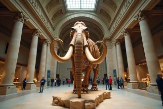 Squelette de mammouth laineux exposé dans un musée d'histoire naturelle entouré de fossiles de plantes préhistoriques