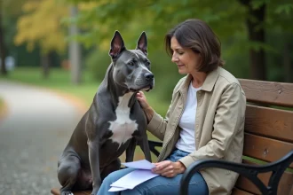 Staffie bleu adulte assis sur un banc de parc avec sa propriétaire qui consulte des documents d'assurance pour chien