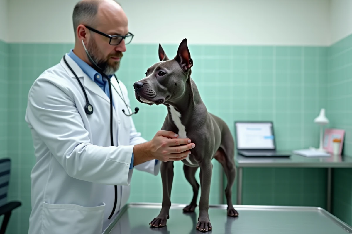 Staffie bleu adulte en consultation vétérinaire sur une table d'examen, illustrant l'importance de l'assurance santé pour chien