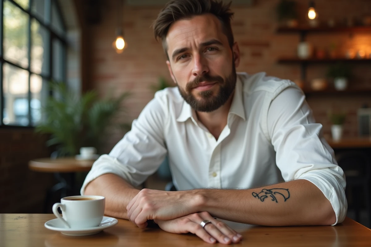 Tatouage chien minimaliste sur l'avant-bras d'un homme dans un café, dessin en ligne continue d'un visage de chien géométrique