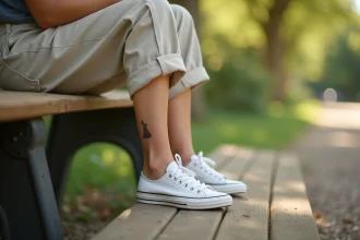 Tatouage chien minimaliste sur la cheville d'une jeune femme assise dans un parc, style fine-line, silhouette de chien assis