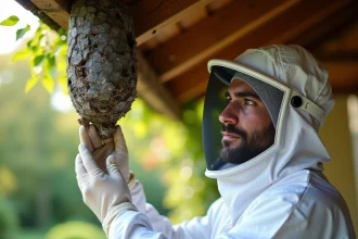 Technicien en combinaison de protection inspectant un nid de frelon noir sous un auvent en bois dans un jardin rural