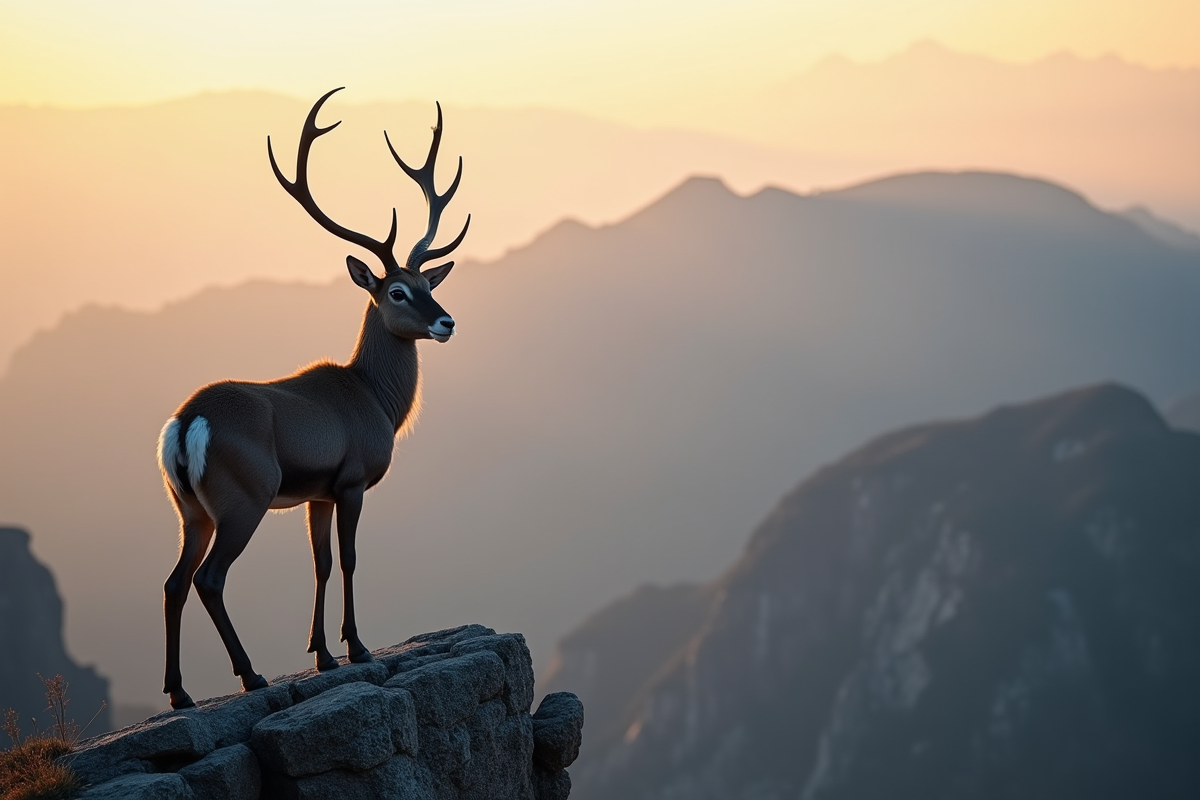 Un urial sur une falaise au lever du soleil