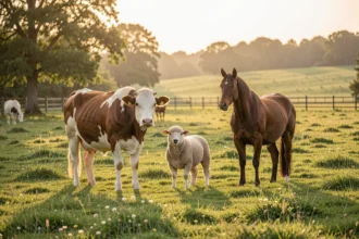 Vache, mouton et cheval dans un pré à l'aube