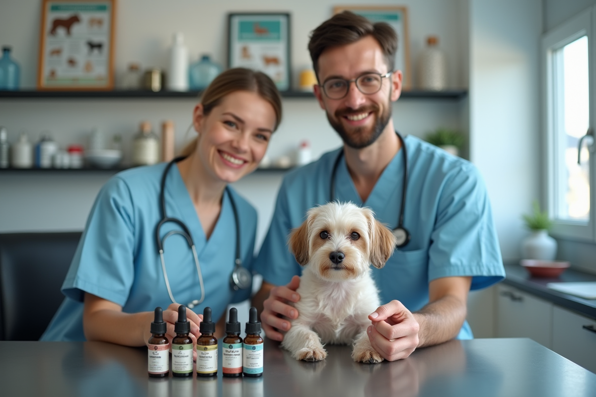 Vétérinaire montrant des remèdes naturels à un chien en clinique