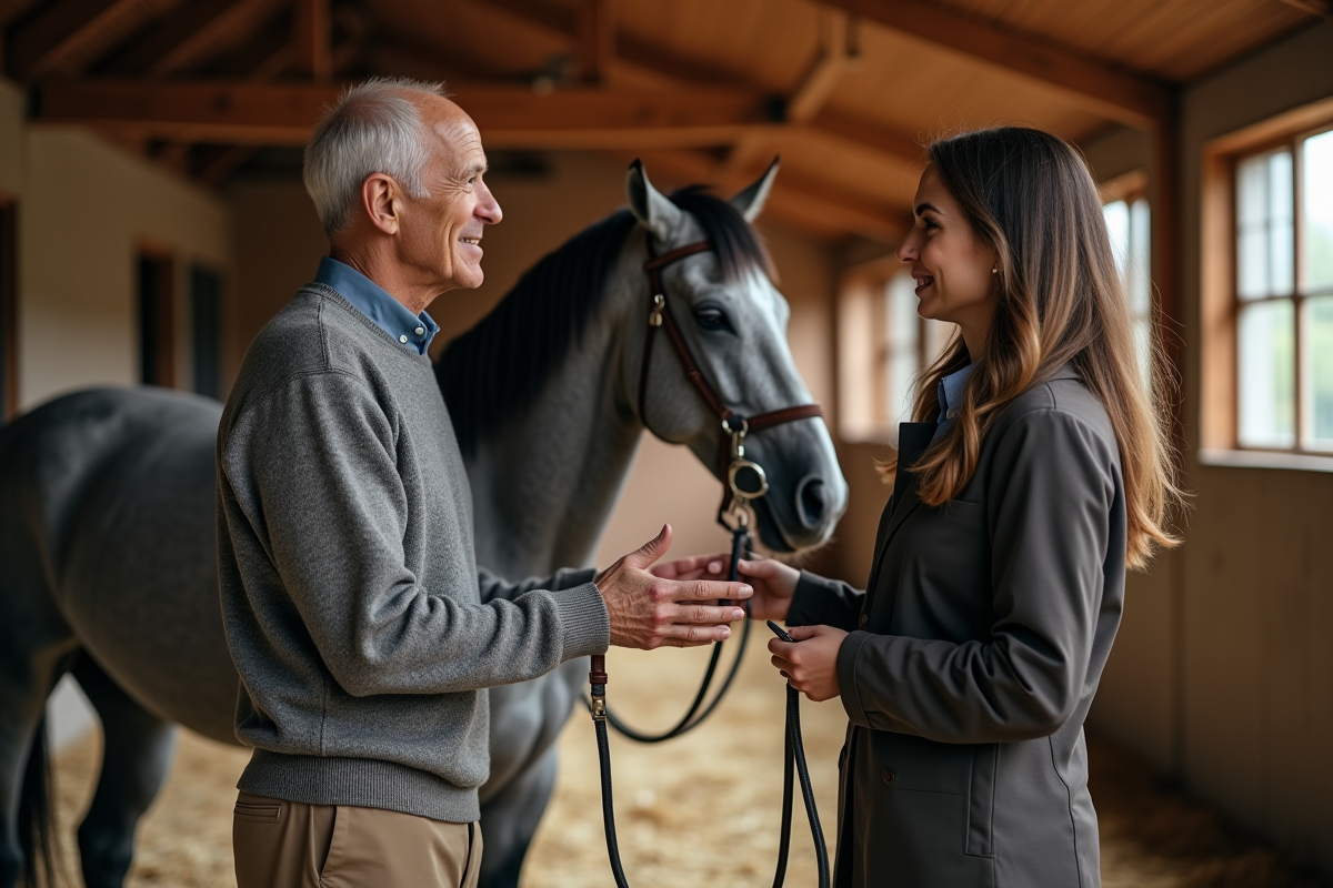 Vétérinaire âgé avec cheval gris dans l’écurie