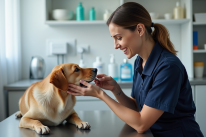 Vétérinaire femme donnant une pilule à un chien calme