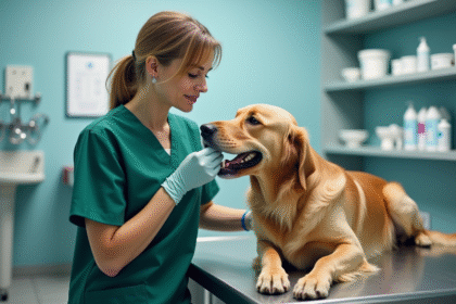 Vétérinaire examinant la bouche d'un chien âgé dans une clinique