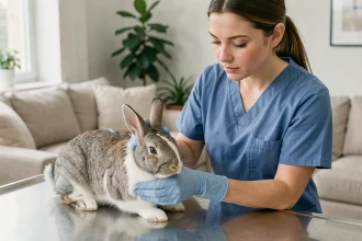 Vétérinaire à domicile examinant un lapin domestique sur une table d'examen lors d'une consultation NAC