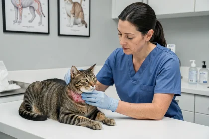 Vétérinaire examinant un abcès sur le cou d'un chat tabby sur une table de consultation clinique