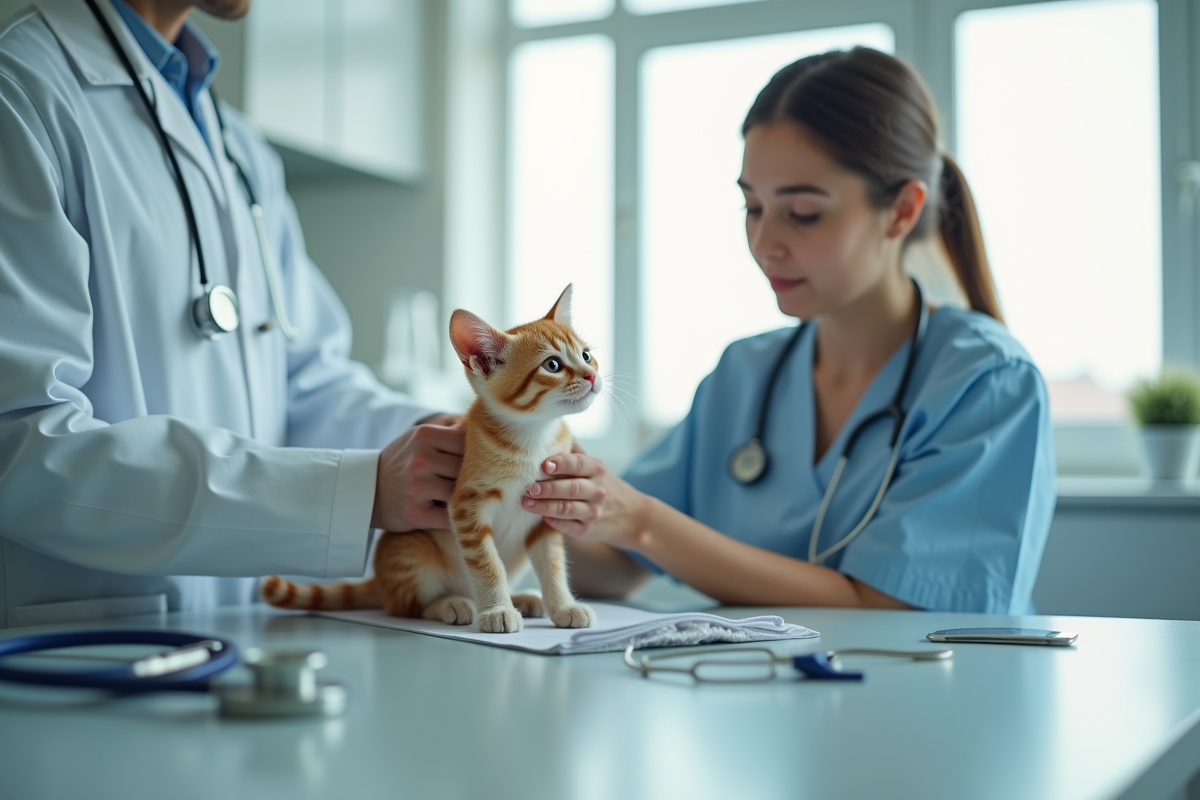 Vétérinaire examinant un petit chat naine sur une table moderne