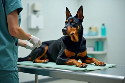 Vétérinaire examinant l'ergot d'un Beauceron blessé sur une table de consultation