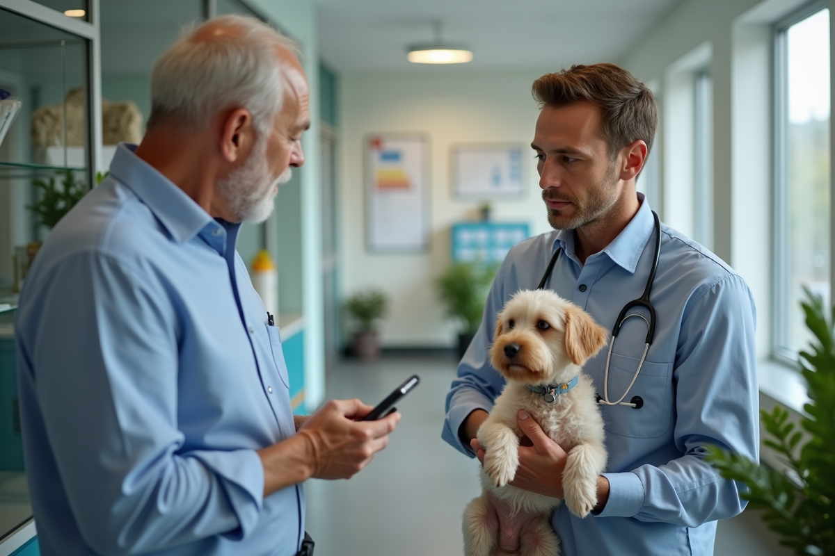 Vétérinaire expliquant un traitement à un propriétaire et son chien