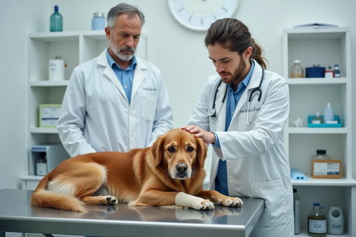 Vétérinaire bandant la patte d'un golden retriever en clinique, illustrant la prise en charge des blessures sportives remboursées par une assurance chien adaptée