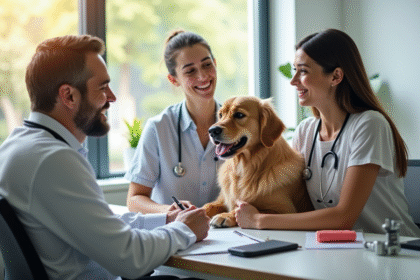 Vétérinaire souriante discutant assurance animal avec couple