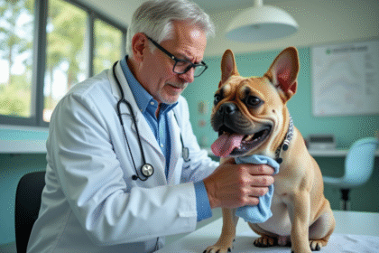 Vétérinaire senior examinant un bulldog français dans une clinique