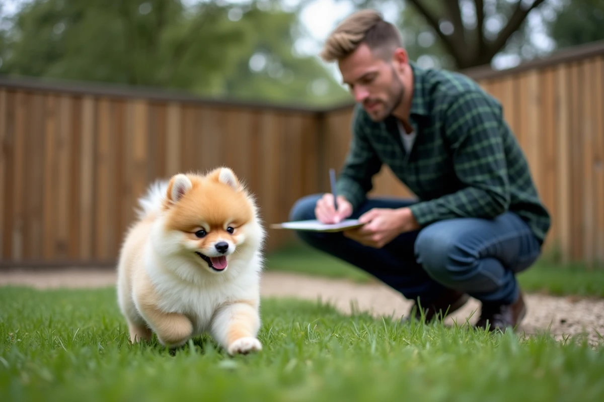 Futur propriétaire observant un chiot Boo Poméranien en extérieur lors d'une visite chez l'éleveur