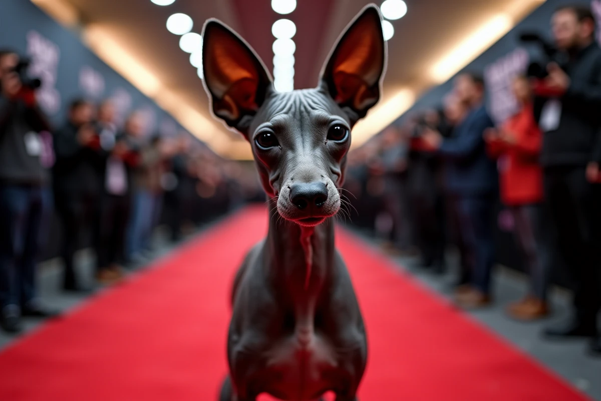 Chien Xoloitzcuintli chauve sur tapis rouge lors d'un événement médiatique mettant en valeur sa beauté atypique